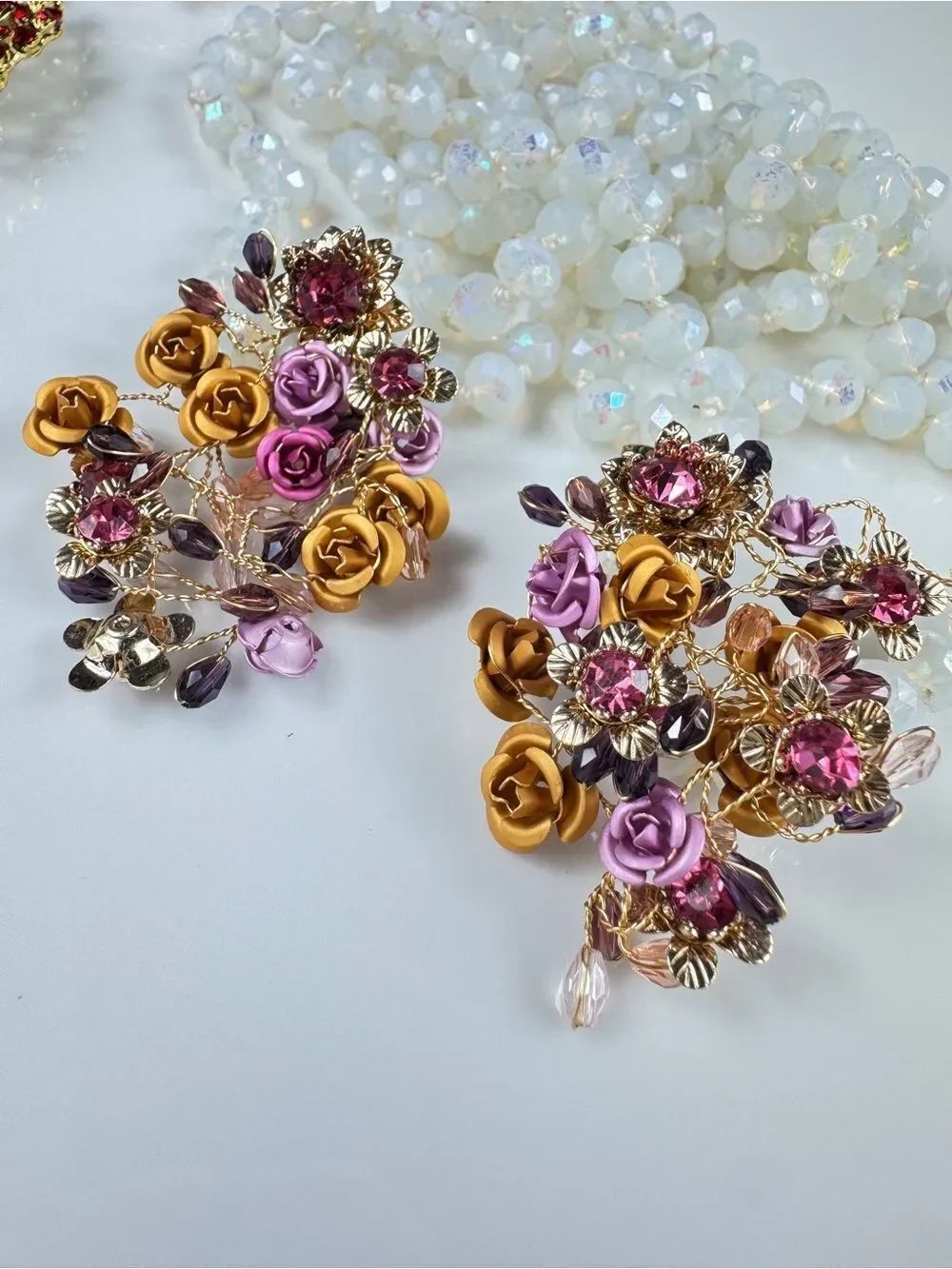 Boho Pink & Gold Floral Cluster Earrings